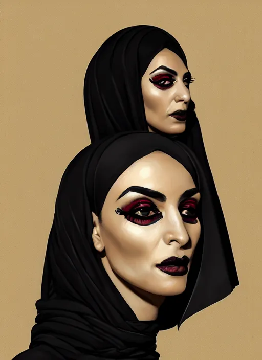 Image similar to portrait of an egyptian woman with a crooked nose and a confident expression, 1 9 6 0 s, black clothes, goth, punk, funk, intricate, elegant, highly detailed, digital painting, artstation, concept art, smooth, sharp focus, illustration, art by wlop, mars ravelo and greg rutkowski