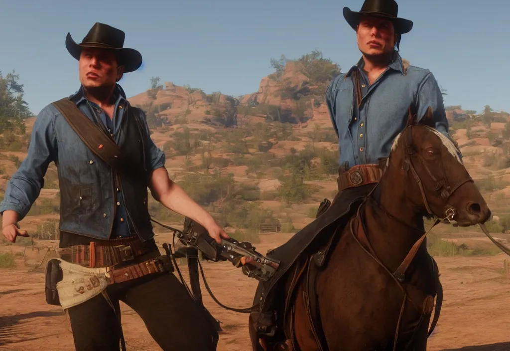 Image similar to elon musk in the red dead redemption 2, elon musk in the video game red dead redemption 2, gameplay screenshot, close up, 3 d rendering. unreal engine. amazing likeness. very detailed.