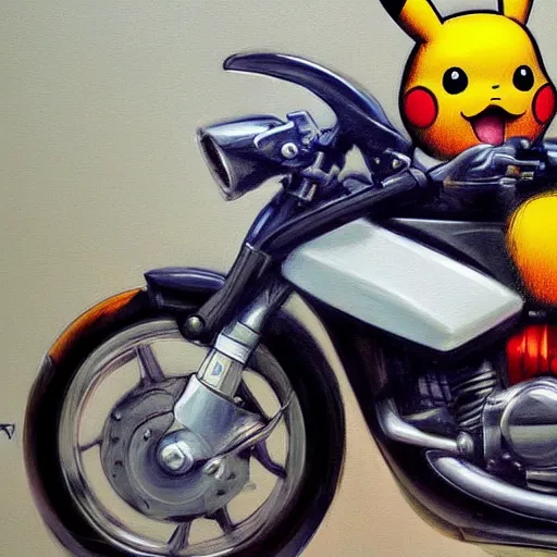 Image similar to pikachu riding motorcycle, nestor canavarro hyperrealist art style, sharp brushstrokes