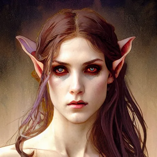 Prompt: Digital portrait of a pretty half-elf half-vampire young woman. Her eyes have red irises and vertical pupils. Art by Greg Rutkowski and Alphonse Mucha