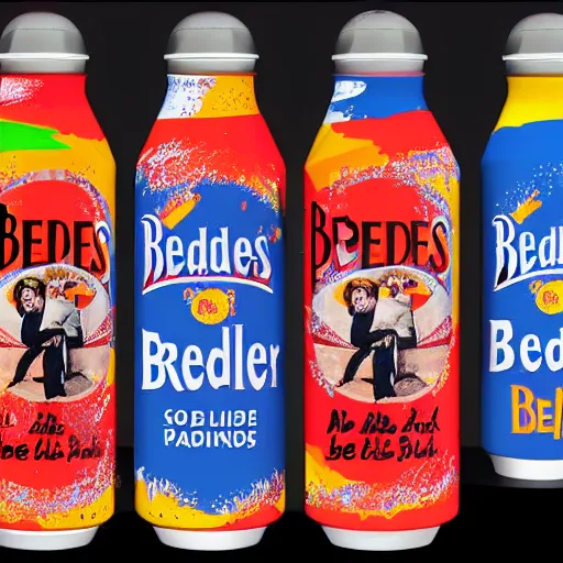 Image similar to 3d render, blender of an an advertisement for a beatles soda, with the beatles pasted on the packaging, soda bottle with a small illustration of the beatles pasted on the packaging, award winning, studio light, 4K