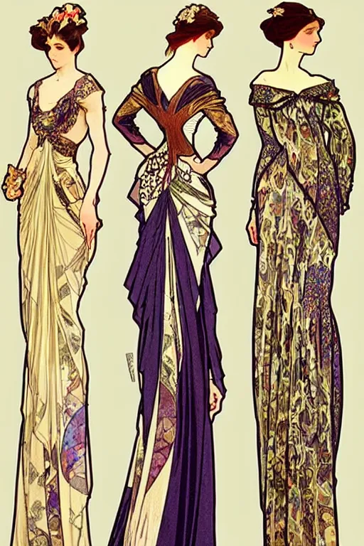 Image similar to 4 elegant full length dress designs with natural history prints designed by alphonso mucha