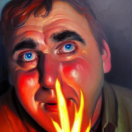 Image similar to portrait of john candy crying in the metaverse, fire and pain, oil on canvas by william sydney mount, trending on artstation