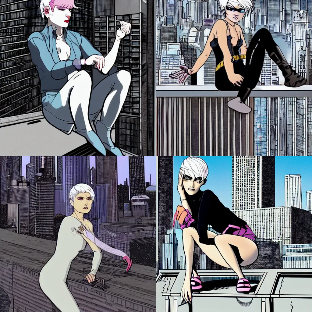 Prompt: young woman with short white hair and grey eyes. She is apathetic. She wears punk clothing. She is sitting on a rooftop ledge. The ledge overlooks a modern city skyline. in the style of Aeon Flux, in the style of Heavy Metal Comics, by Moebius