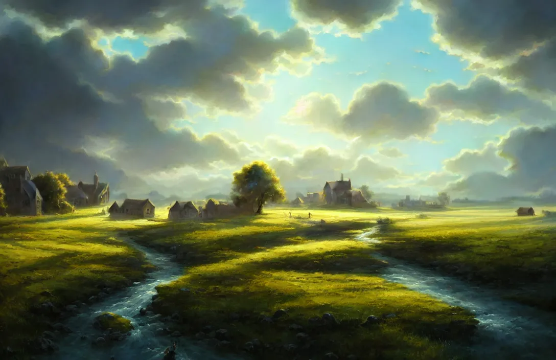 Image similar to river flowing past a country village, flat fields in the background, blue sky, fantasy, concept art, high angle, highly detailed, warm lighting, volumetric, godrays, vivid, trending on artstation, by jordan grimmer, greg rutkowski