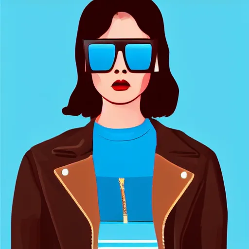 Image similar to a woman with light blue shutter shades in front of a sunset, a dark brown leather jacket, one side brown haircut with blue ends, vector art by jan tengnagel, pixabay contest winner, retrofuturism, retrowave, synthwave, outrun, portrait,