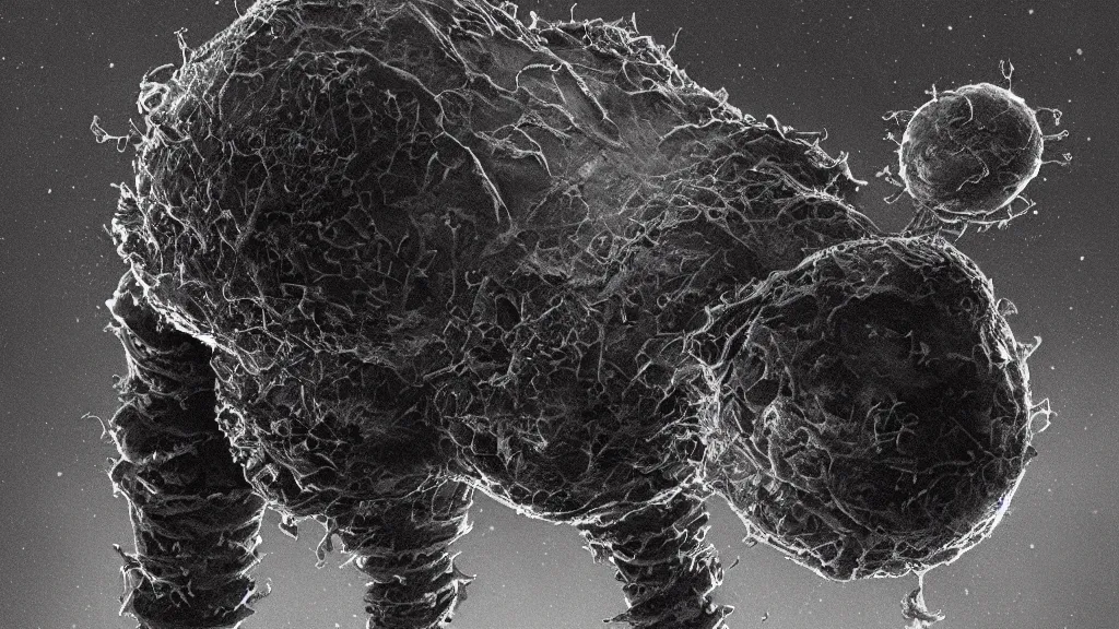 Image similar to a beautiful microscopic scientific photo of a coronavirus and a strange life form seen through an electron microscope, dark, sinister, detailed, art by Greg Rutkowski