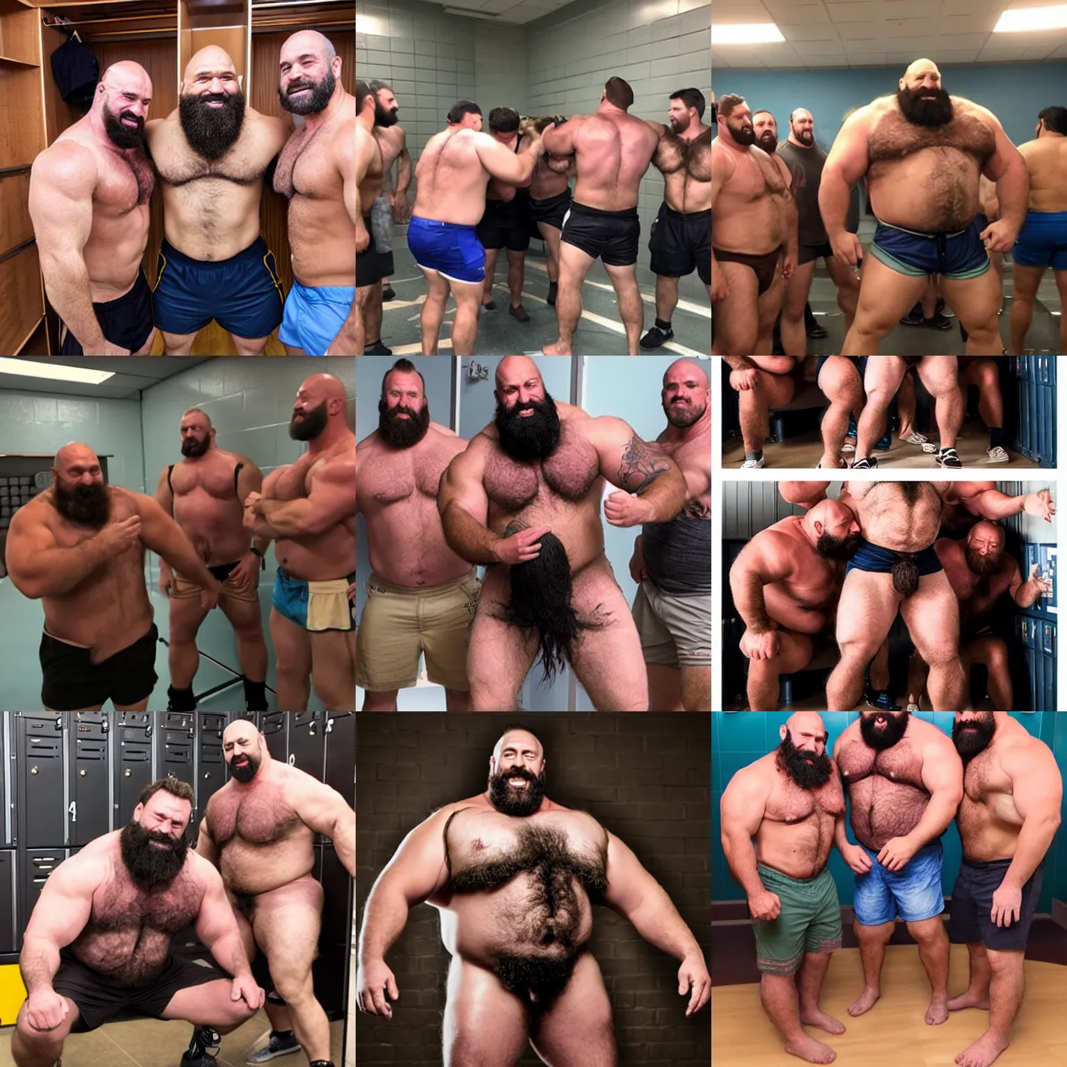 Prompt: dozen of hairy burly strongmen kissing in a locker room, dad energy, manly, shorts