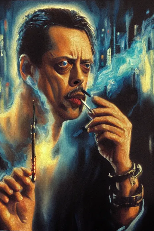 Image similar to oil painting of film still of steve buscemi smoking a cigarette in blade runner, 4 k