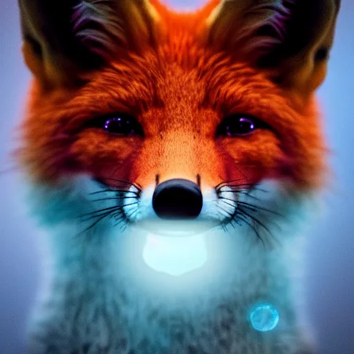 Image similar to A portrait of a surreal-looking fox with glowing blue eyes, focused, soft lighting, extremely detailed 8k, by Alexander Jannson