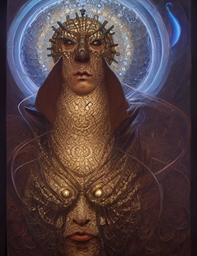 Image similar to front shot of a court jester character, hyperdimensional, bioluminescent hypercubes, ((intricate)), elegant, highly detailed, centered, (((artstation, concept art, smooth, sharp focus, artgerm, Tomasz Alen Kopera, Peter Mohrbacher, donato giancola, Joseph Christian Leyendecker, WLOP, Boris Vallejo))), mugshot!!!!!, ugly!!!!!!, octane render, nvidia raytracing demo, grainy, muted, 8K, digitalblasphemy