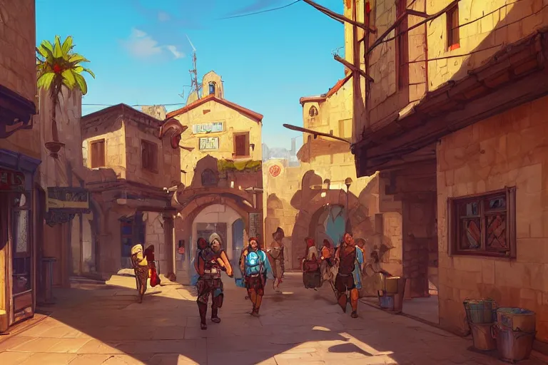 Image similar to medieval mediterranean town, gta v art, borderlands style, celshading, trending on artstation, by rhads, andreas rocha, rossdraws, makoto shinkai, laurie greasley, lois van baarle, ilya kuvshinov and greg rutkowski