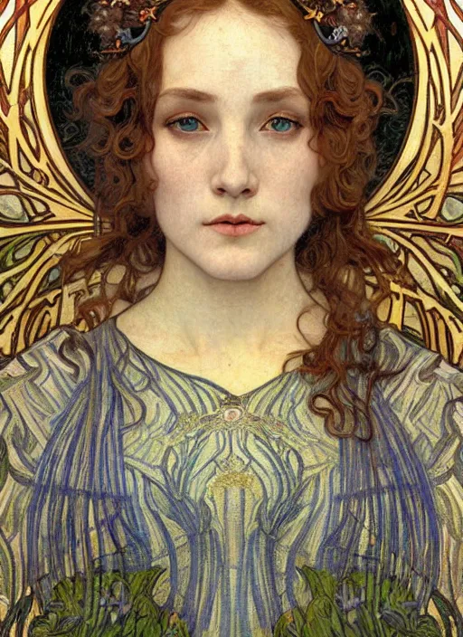 Image similar to detailed realistic beautiful young medieval queen face portrait by jean delville, alphonse mucha, vincent van gogh, and marco mazzoni, art nouveau, symbolist, visionary, gothic, pre - raphaelite