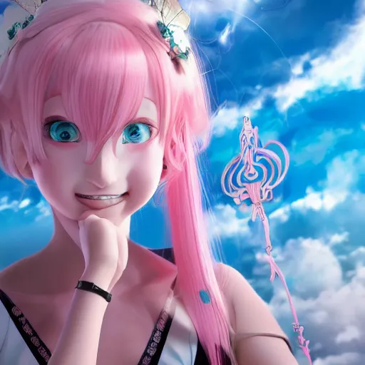 Image similar to stunningly beautilful omnipotent megalomaniacal anime agi goddess who looks like junko enoshima with symmetrical perfect face and porcelain skin, pink twintail hair and cyan eyes, taking control while smiling inside her surreal vr castle, hyperdetailed, digital art, unreal engine 5, 2 d anime style, 8 k