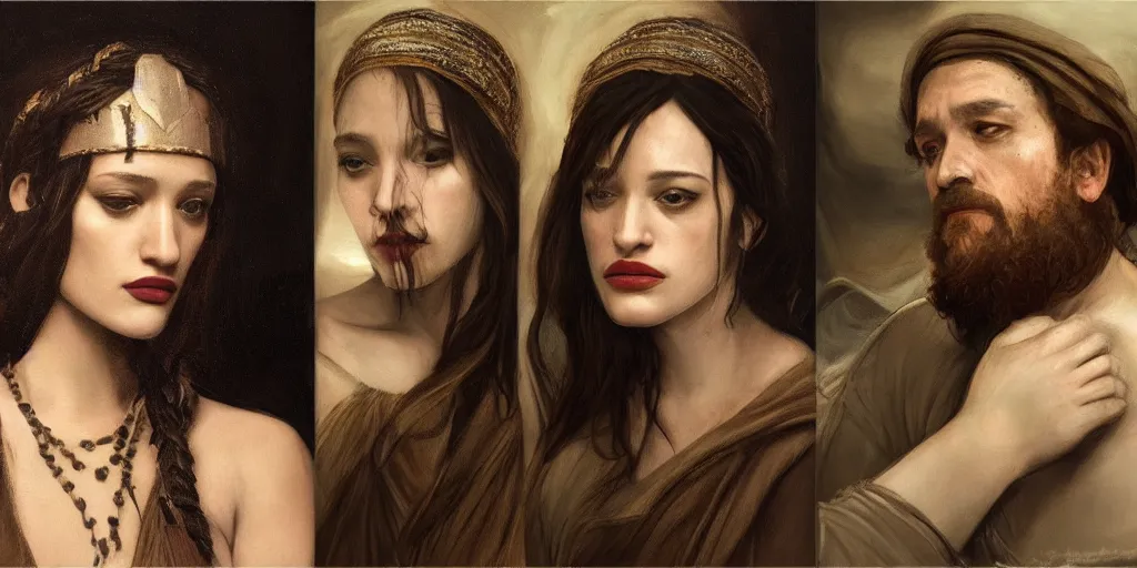 Prompt: Concept Art of cinematography of Terrence Malick film stunning portrait of featuring Kat Dennings as an ancient babylonian priestess, by Monia Merlo, by Michelangelo da Caravaggio by