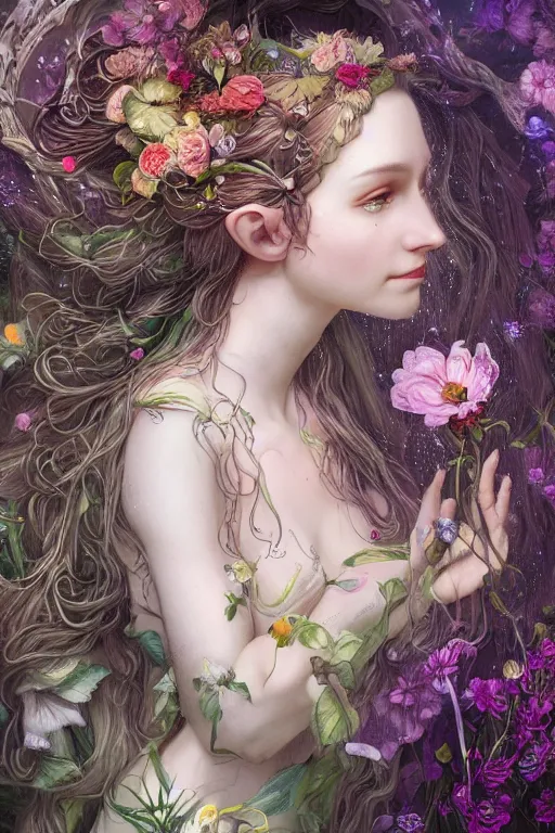 Prompt: a portrait of a beautiful elvish goddess with flowers in her hairs , fairy-like , 8k, highly detailed, sharp focus, ethereal clothes, astral environment, in style of Anna Dittmann and Mark Arial and Artgerm and Gerald Brom