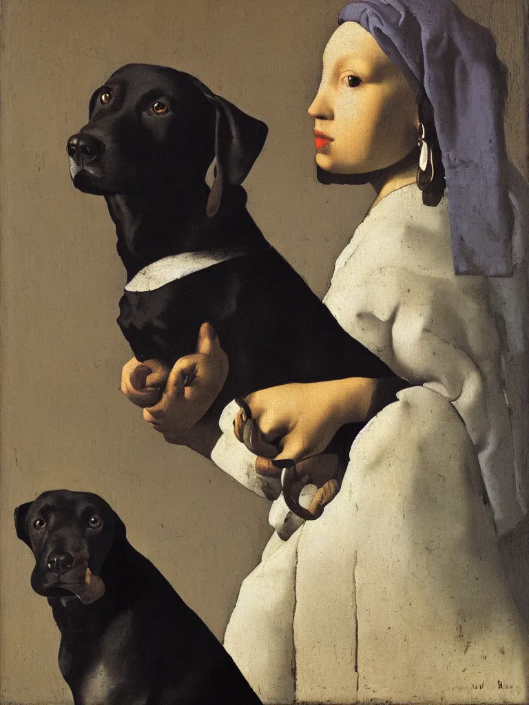 Prompt: oil on canvas portrait of a black labrador retriever, johannes vermeer