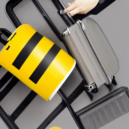 Image similar to one yellow coffee mug similar to a rimowa aluminium suitcase, full of steaming coffee