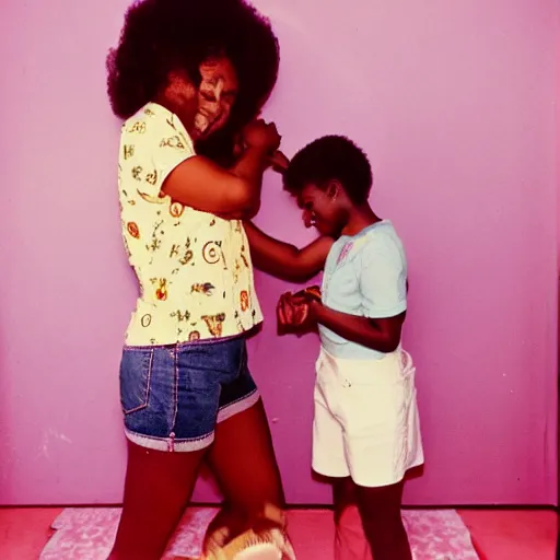 Image similar to afro woman brushing her daughter's hair, retro room, 8 0 s, nostalgic, disposable film