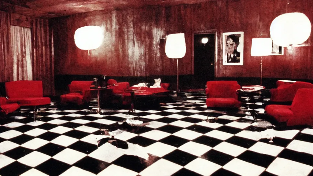 Prompt: cinematography film still of Twin Peaks (1990) the Black Lodge, red curtains, black furniture, white and black chevron floor tile, eerie david lynch cinematography, red room in the black lodge from Twin Peaks, shot on Eastman Kodak 35mm film, red hues, saturated, vintage