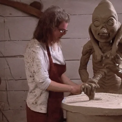 film still of a woman sculpting clay on a wheel with