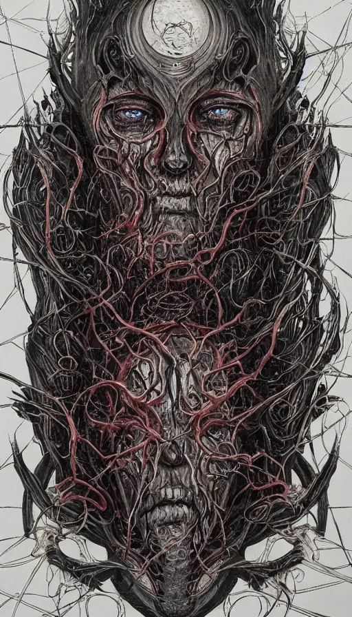 Image similar to Elden Ring and Doom themed painting of beautiful eldritch symmetrical face mask pattern concept, infinity glyph, intricate artwork by, Johnatan Wayshak, Zdizslaw Beksinski, Ayami Kojima, Amano, Karol Bak, Darius Zawadzki, and Mark Brooks, Neo-Gothic, gothic, rich deep colors, art by Takato Yamamoto, masterpiece, face by Artgerm, H.R. Giger, very coherent artwork, cinematic, hyper realism, high detail, octane render, unreal engine, 8k, High contrast, golden ratio, trending on cgsociety, ultra high quality model, production quality cinema model