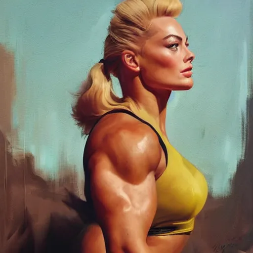 Prompt: greg manchess portrait painting of margot robbie as beautiful thick female bodybuilder zarya from overwatch, medium shot, asymmetrical, profile picture, organic painting, sunny day, matte painting, bold shapes, hard edges, street art, trending on artstation, by huang guangjian and gil elvgren and sachin teng