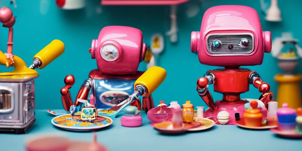 Image similar to closeup portrait of tin toy retro pastry chef robot mixing colourful chemicals and cooking pastry cake in a kitchen, depth of field, zeiss lens, detailed, centered, fashion photoshoot, by nicoletta ceccoli, mark ryden, lostfish, breathtaking, 8 k resolution, extremely detailed, beautiful, establishing shot, artistic, hyperrealistic, octane render