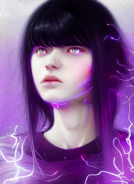 Image similar to hair whitebangs hair, black hair, whitebangs, portrait of teenage girl with white bangs, red irises, purple clothes, white bangs, bangs are different color from hair, intricate, elegant, glowing lights, highly detailed, digital painting, artstation, concept art, smooth, sharp focus, illustration, art by wlop, mars ravelo and greg rutkowski