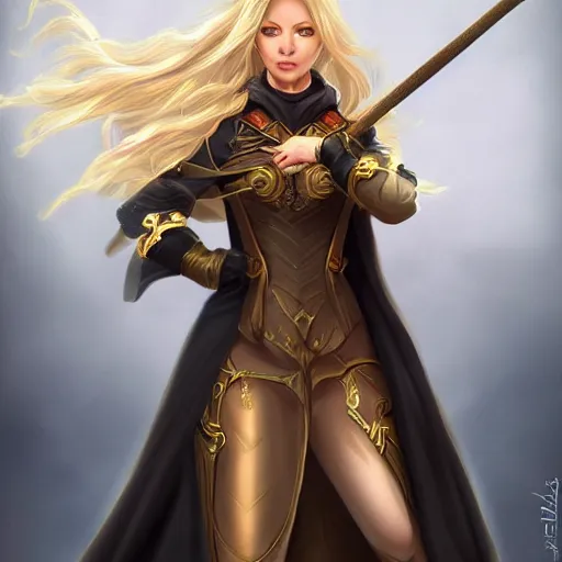 Prompt: full picture of blonde female sorcerer ,high fantasy, ornamental staff, trending on artstation, arstationhd, HD