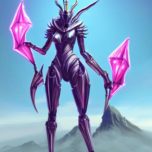 Prompt: extremely detailed giantess shot of a goddess that's a giant beautiful stunning anthropomorphic robot female dragon, standing majestically on a mountain, elegant pose, robot dragon claws, streamlined shiny silver metal armor, fuchsia skin, detailed sharp metal claws, long elegant tail, detailed warframe fanart, destiny fanart, high quality digital art, giantess art, furry art, warframe art, furaffinity, DeviantArt, artstation, 8k HD, octane render