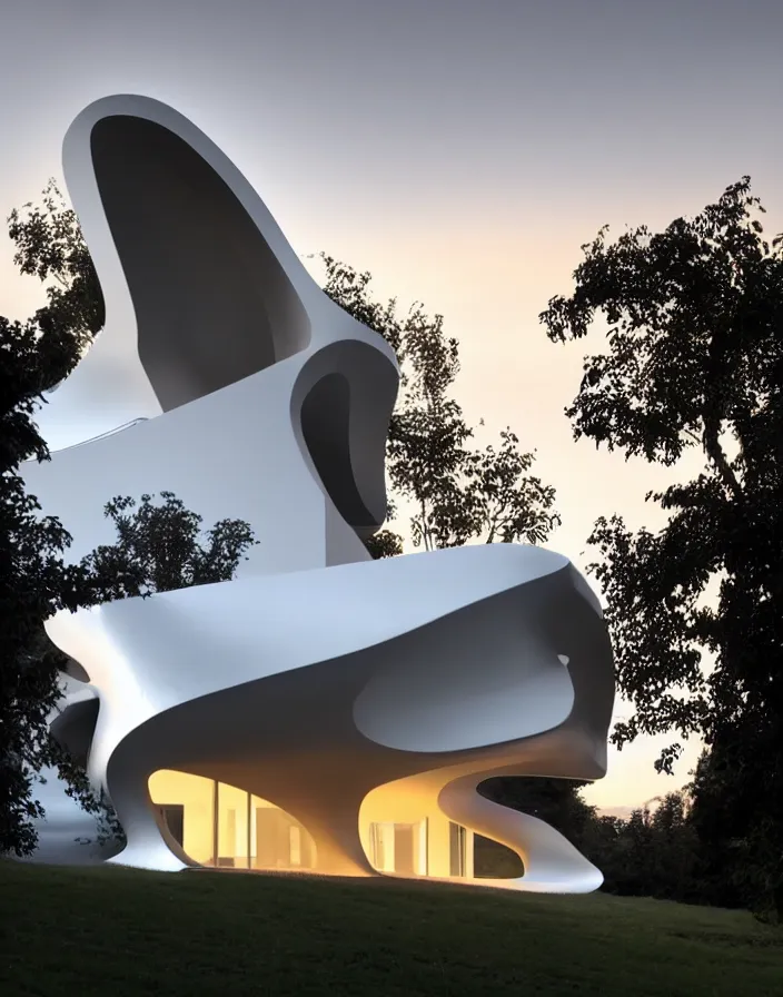 Image similar to zaha hadid 3 d construction printed house on the mountain, soft light, streetscapes stunning volumetric lighting sunset