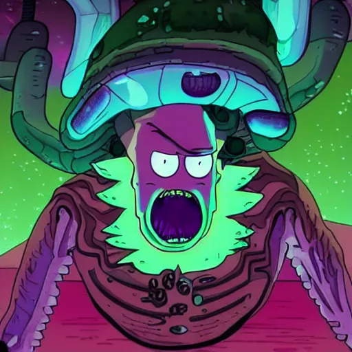 Image similar to an alien chest burster coming out of rick and morty.