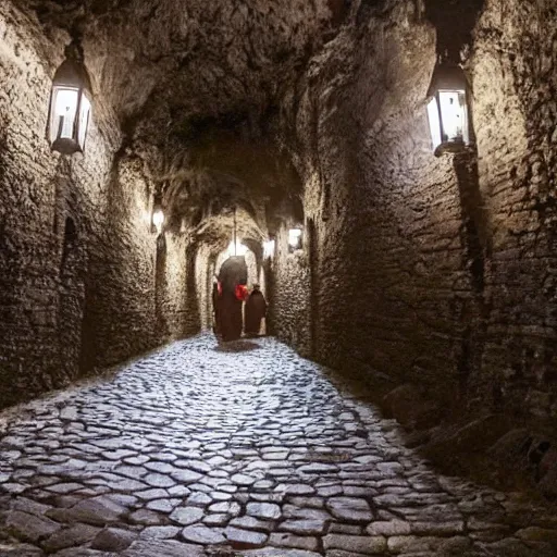 Prompt: a medieval pilgrimage on a cobblestone road in a cavern deep underground, dark, lanterns