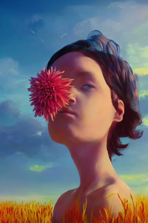 Image similar to closeup girl with huge dahlia flower head, on beach, surreal photography, blue sky, sunrise, dramatic light, impressionist painting, digital painting, artstation, simon stalenhag