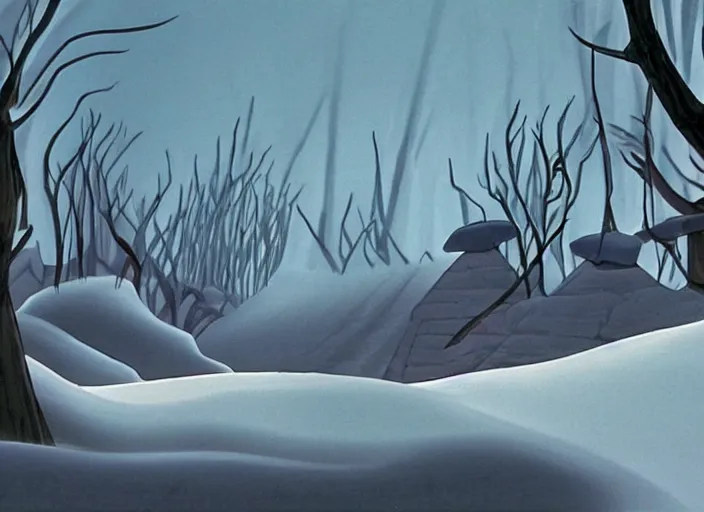 Image similar to minimalist charred moody rhythmic dramatic wooded snowdrift landscape from mulan ( 1 9 9 8 )