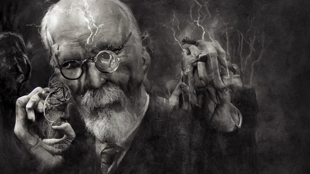 Prompt: Carl Jung with eldritch beings in his hand, 8K, concept art, filmic, HDR, hyperrealism, volumetric lighting, horror, Dark art