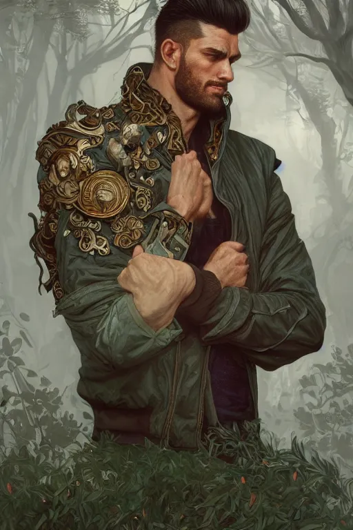 Image similar to portrait of a herculian man in a bomber - jacket, flowing hair, forest, full body, muscular, fantasy, intricate, elegant, highly detailed, digital painting, artstation, concept art, sharp focus, illustration, art by artgerm and greg rutkowski and alphonse mucha