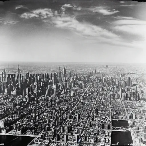 Image similar to aerial view of new york in 1940 with the sky full of zeppelins