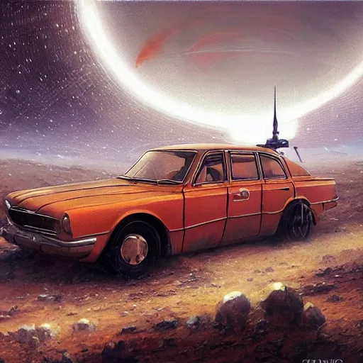 Image similar to vintage old ussr soviet car, iz 2 1 2 5, as a realistic scifi spaceship!!!, round lights, rusty, wide angle shot art by donato giancola and greg rutkowski, vintage retro scifi, realistic space, digital art, trending on artstation, symmetry!!!