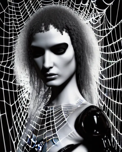 Image similar to black and white cyborg-plant goddess high quality photo, artificial intelligence, bio-mechanical bio-luminescence, artificial complex spider web, neurons, nerve cells, octane render, cinematic, rim light, hyper realism, photo-realistic, high detail, 8k, in the style of Steven Meisel and Dora Maar and H.G. Giger