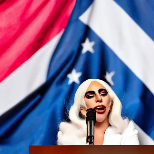 Image similar to Lady Gaga as president, Argentina presidential rally, Argentine flags behind, bokeh, giving a speech, detailed face, Argentina