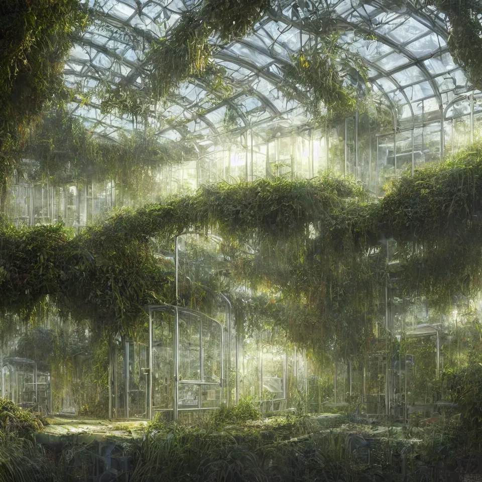 Prompt: a beautiful hyperrealistic detailed rendering a futuristic greenhouse biolab with overgrown bioluminescent plants, hazy lighting, by john howe, lee madgwick, hubert robert, epic scale ultrawide angle, deviantart, 4 k wallpaper, dawn, warm cinematic volumetric lighting, deep colors