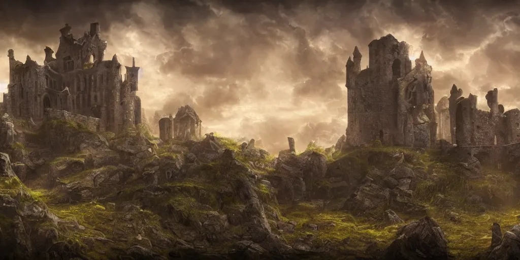 Prompt: A beautifully detailed matte painting of a ruined castle in an astral nebula plane, dramatic lighting, dynamic lighting, cinematic lighting, vibrant and powerful, unreal engine, featured on artstation, wide angle