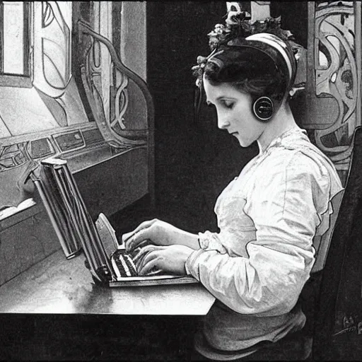 Prompt: A woman at a coffeeshop working on her laptop and wearing headphones, painting by Alphonse Mucha