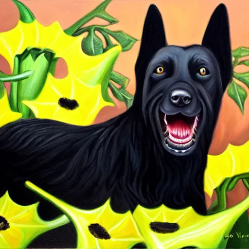 Prompt: oil painting of a vicious black dog bearing its fangs next to brugmansia suaveolens flowers, dark background, scary