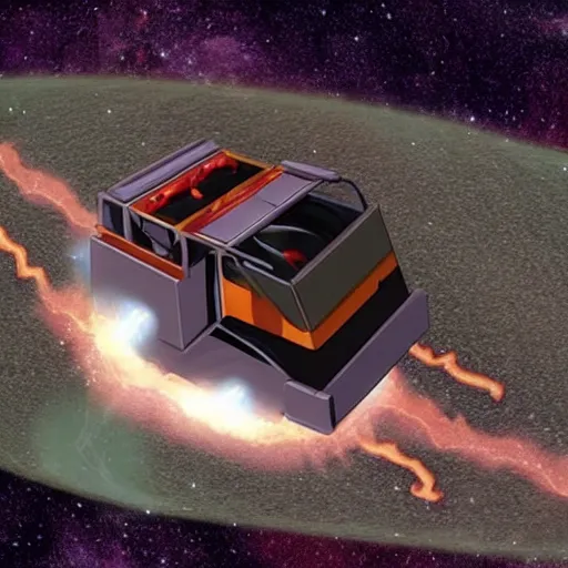 Prompt: the deliverator's car has enough potential energy packed into its batteries to fire a pound of bacon into the asteroid belt, in the style of bob ross