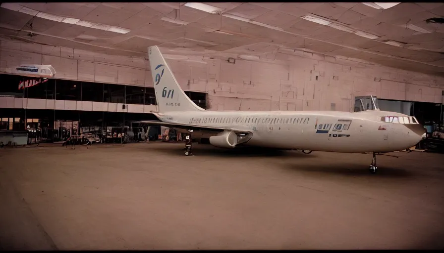 Prompt: 60s movie still of an empty boeing, cinestill 800t 50mm eastmancolor, liminal Space style, heavy grain