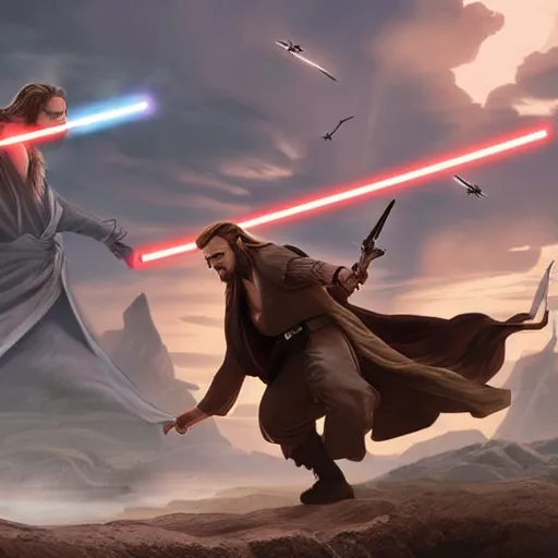Prompt: professional physically based octane render comic illustration of anakin skywalker, fighting with qui-gon jinn, character concept art, epic composition, style of Star Wars, marvel, 8k comic art, intricately detailed linework