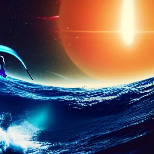 Image similar to photo of a alien surfing a surfboard on a crashing l wave of alien ocean in space, background is an alien galaxy, aliens in the background, alien colors, octane render, unreal engine, wide view, 8 k, high detaild